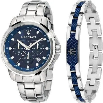 Maserati Successo Chronograph Stainless Steel Blue Dial Quartz R8851121016 Men's Watch Gift Set