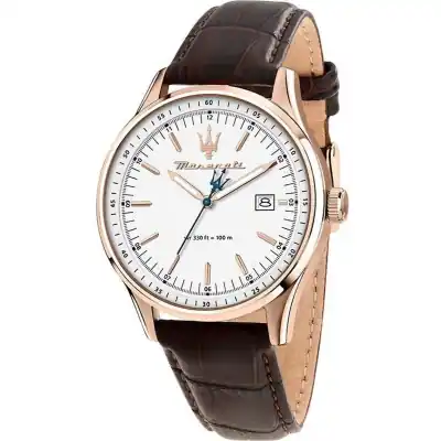 Maserati Classic Sorpasso Leather Strap Silver Sunray Dial Quartz R8851124002 100M Men's Watch