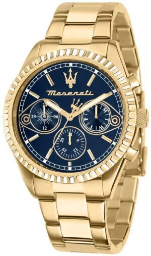 Maserati Competizione Gold Tone Stainless Steel Blue Multifunction Dial Quartz R8853100026 100M Men's Watch