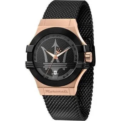Maserati Potenza Stainless Steel Mesh Black Dial Quartz R8853108010 100M Men's Watch