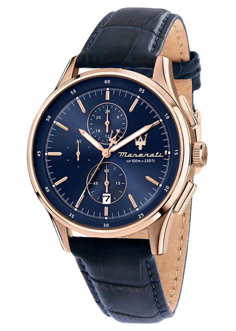 Maserati Sorpasso Chronograph Leather Strap Blue Sunray Dial Quartz R8871624009 100M Men's Watch