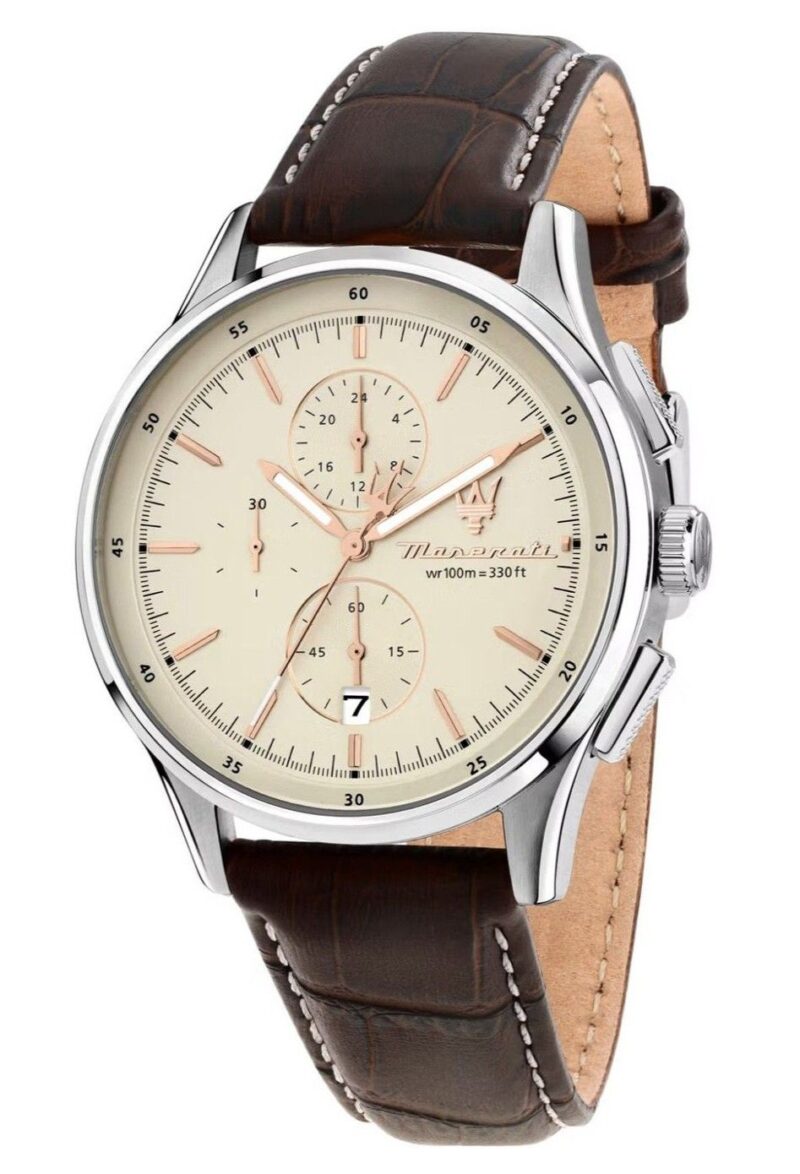 Maserati Sorpasso Chronograph Leather Strap Beige Dial Quartz R8871624010 100M Men's Watch