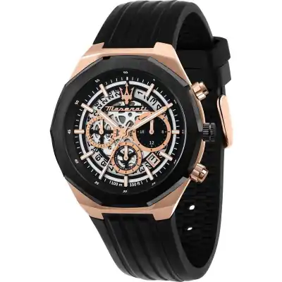 Maserati Stile Chronograph Rubber Strap Black Skeleton Dial Quartz R8871642003 100M Men's Watch