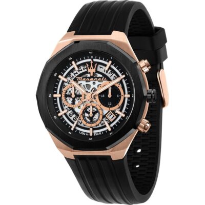 Maserati Stile Chronograph Rubber Strap Black Skeleton Dial Quartz R8871642003 100M Men's Watch