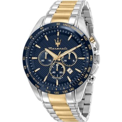 Maserati Patterned Dial Two Tone Watch Men 330ft 100m Blue Metal Stainless Steel Silver Gold Strap Quartz Battery Analog Chronograph Traguardo R8873612046