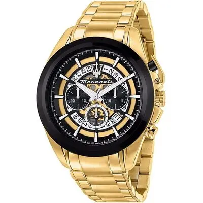 Maserati Traguardo Chronograph Gold Tone Stainless Steel Multicolor Skeleton Dial Quartz R8873612058 100M Men's Watch