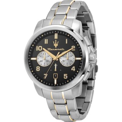 Maserati Limited Edition Two Tone Watch Men Black Dial Metal Stainless Steel Silver Gold Strap Quartz Battery Analog Chronograph Successo R8873621028