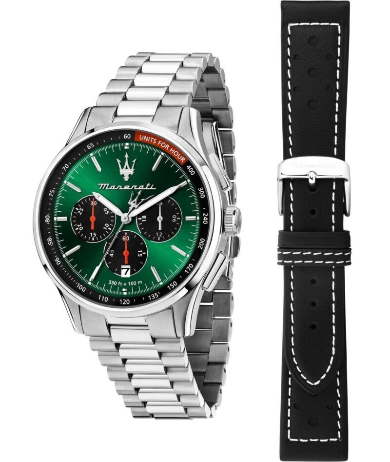 Maserati Sorpasso Chronograph Stainless Steel Green Sunray Dial Quartz R8873624002 100M Men's Watch With Extra Strap