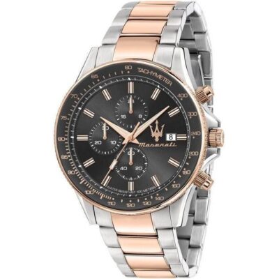 Maserati Two Tone Watch Men Water Resistant 100meters Gray Dial Metal Stainless Steel Silver Rose Gold Strap Quartz Battery Analog Chronograph Sfida R8873640014