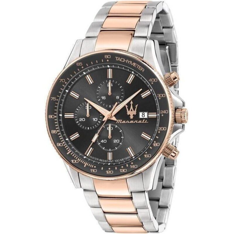 R8873640014 Maserati Two Tone Watch Men Water Resistant 100meters Gray Dial Metal Stainless Steel Silver Rose Gold Strap Quartz Battery Analog Chronograph Sfida R8873640014