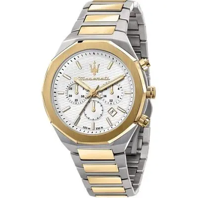 Maserati Stile Chronograph Two Tone Stainless Steel White Dial R8873642009 100M Men's Watch