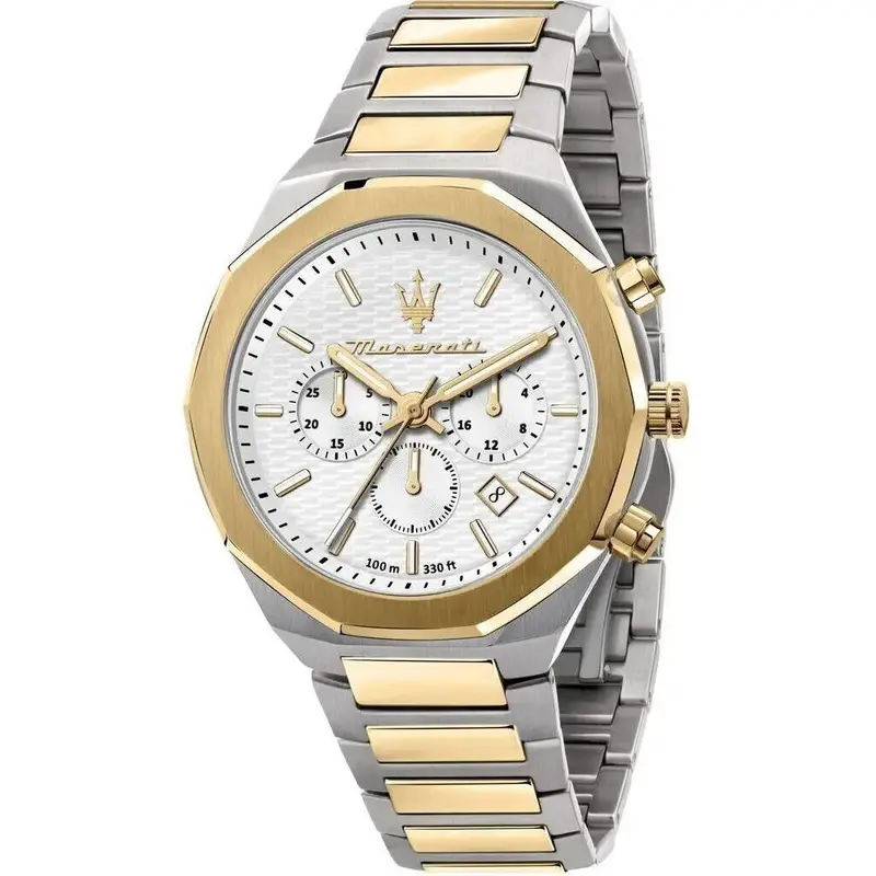Maserati Stile Chronograph Two Tone Stainless Steel White Dial R8873642009 100M Men's Watch