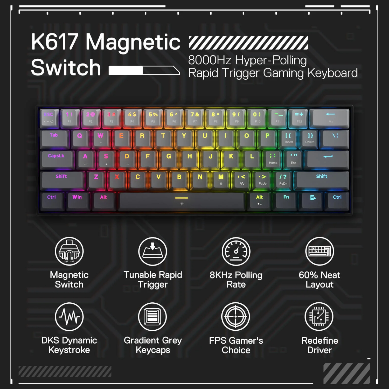 Redragon K617 FIZZ Rapid Trigger 60% Magnet Hall Switch Wired RGB Gaming Keyboard - Image 5