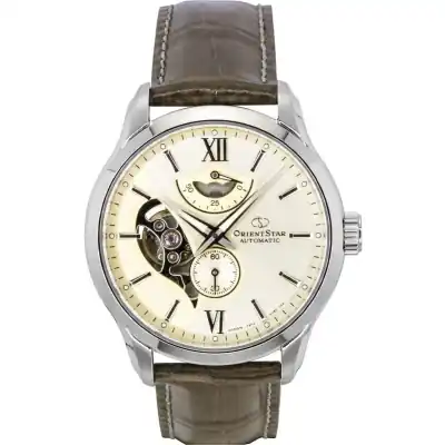 Orient Star Contemporary Leather Strap Open Heart Champagne Dial Automatic RE-AV0B10G 100M Men's Watch