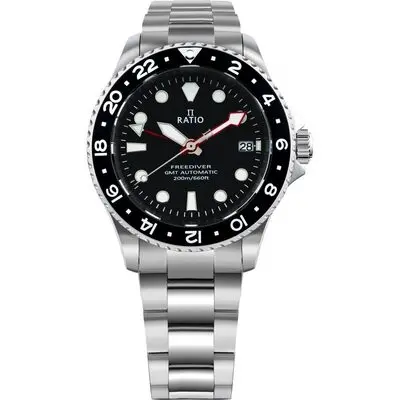Ratio FreeDiver GMT Series Sapphire Stainless Steel Black Dial Automatic RTF051 200M Men's Watch
