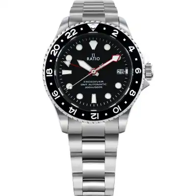 Ratio FreeDiver GMT Series Sapphire Stainless Steel Black Dial Automatic RTF051 200M Men's Watch