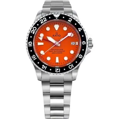 Ratio FreeDiver GMT Series Sapphire Stainless Steel Orange Dial Automatic RTF055 200M Men's Watch