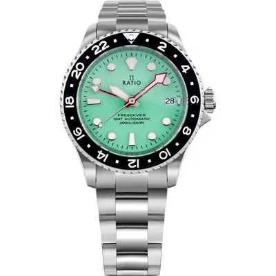 Ratio FreeDiver GMT Series Sapphire Stainless Steel Green Dial Automatic RTF059 200M Men's Watch