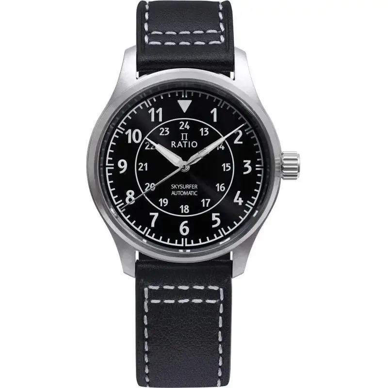 Ratio Skysurfer Pilot Black Sunray Dial Leather Automatic RTS314 200M Men's Watch