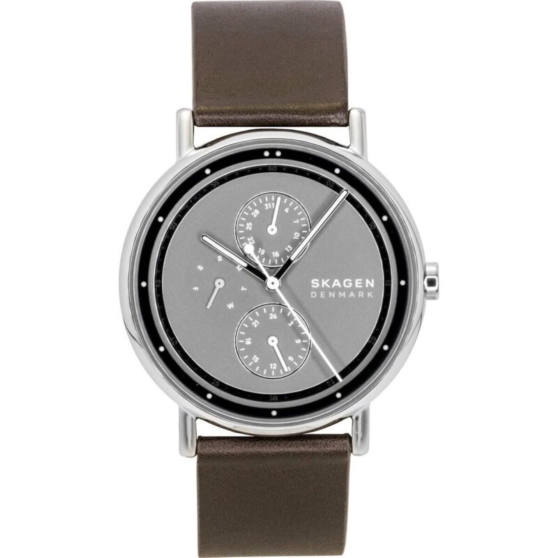 Skagen Signatur Leather Strap Multifunction Grey Dial Quartz SKW6941 Men's Watch
