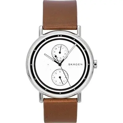 Skagen Signatur Leather Strap Multifunction Cream Dial Quartz SKW6942 Men's Watch