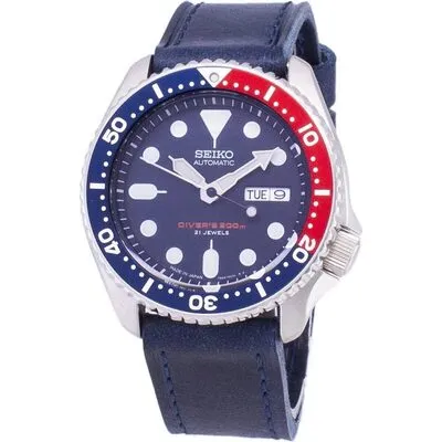 Seiko Automatic SKX009J1-var-LS13 Diver's 200M Dark Blue Leather Strap Men's Watch