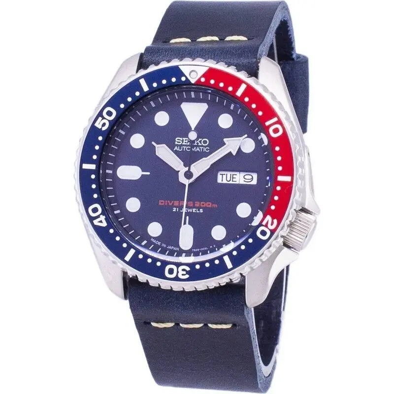 Seiko Automatic SKX009J1-var-LS15 Diver's 200M Dark Blue Leather Strap Men's Watch
