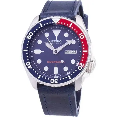 Seiko Automatic SKX009K1-var-LS13 Diver's 200M Dark Blue Leather Strap Men's Watch
