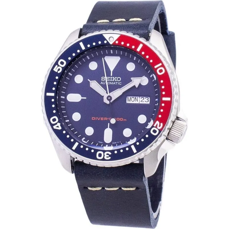Seiko Automatic SKX009K1-var-LS15 Diver's 200M Dark Blue Leather Strap Men's Watch