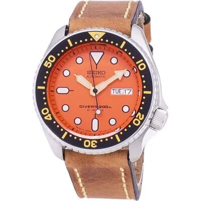 Seiko Automatic SKX011J1-var-LS17 Diver's 200M Japan Made Brown Leather Strap Men's Watch