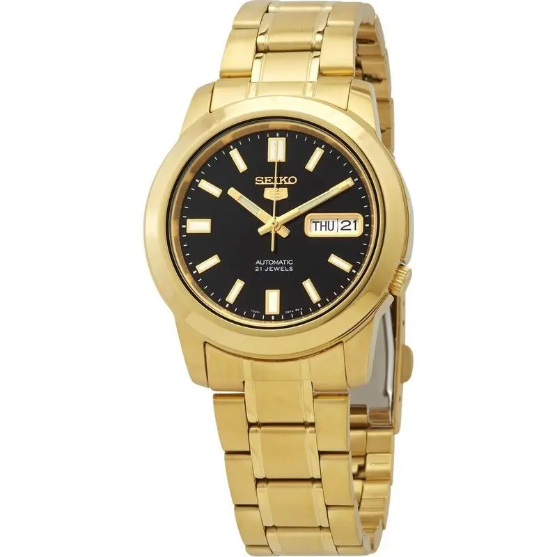 Seiko 5 Gold Tone Stainless Steel Black Dial 21 Jewels Automatic SNKK22K1 Men's Watch