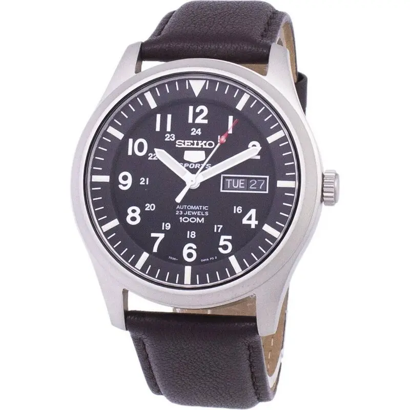 Seiko 5 Sports Automatic Dark Brown Leather SNZG15K1-var-LS11 100M Men's Watch
