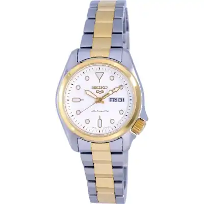 Seiko 5 Sports Two Tone Stainless Steel White Dial Automatic SRE004 SRE004K1 SRE004K 100M Women's Watch