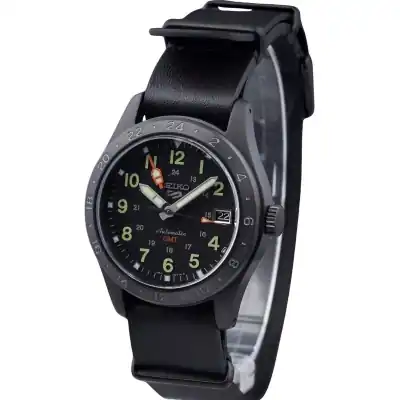 Seiko 5 Sports GMT Field Series Leather Strap Black Dial Automatic SSK025K1 100M Men's Watch