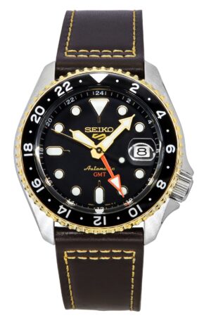 Seiko 5 Sports SKX GMT Leather Strap Black Dial Automatic SSK036K1 100M Men's Watch