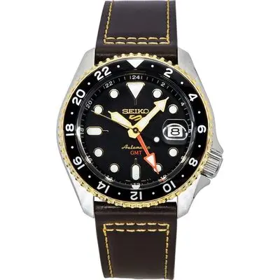 Seiko 5 Sports SKX GMT Leather Strap Black Dial Automatic SSK036K1 100M Men's Watch
