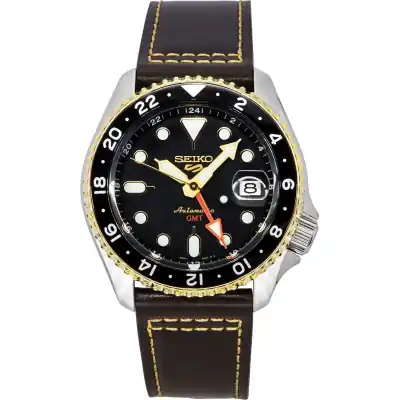 Seiko 5 Sports SKX GMT Leather Strap Black Dial Automatic SSK036K1 100M Men's Watch