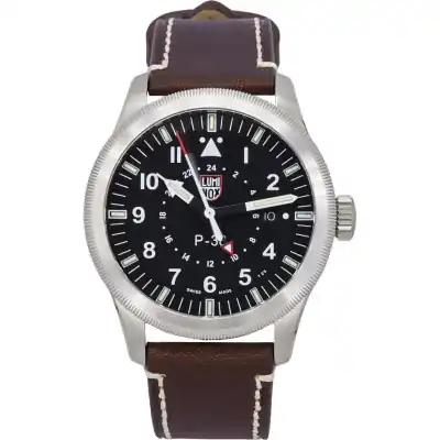 Luminox Air Pilot P-38 Lightning GMT Leather Strap Black Dial Swiss Quartz XA.9521 100M Men's Watch