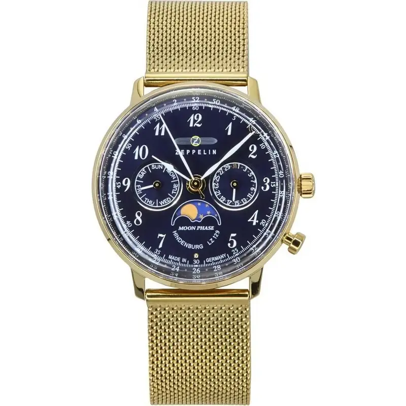 Zeppelin LZ 129 Hindenburg Moon Phase Gold Tone Stainless Steel Blue Dial Quartz 7039M2 Men's Watch Zeppelin LZ 129 Hindenburg Moon Phase Gold Tone Stainless Steel Blue Dial Quartz 7039M2 Men's Watch
