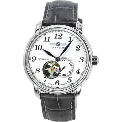 Zeppelin LZ127 Graf Leather Strap White Open Heart Dial Automatic 76661 Men's Watch