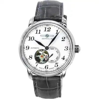 Zeppelin LZ127 Graf Leather Strap White Open Heart Dial Automatic 76661 Men's Watch