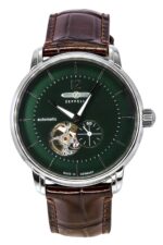 Zeppelin LZ 120 Bodensee Leather Strap Open Heart Green Dial Automatic 81664 Men's Watch