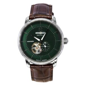 Zeppelin LZ 120 Bodensee Leather Strap Open Heart Green Dial Automatic 81664 Men's Watch