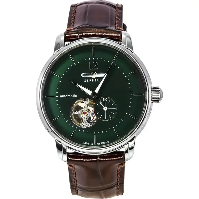 Zeppelin LZ 120 Bodensee Leather Strap Open Heart Green Dial Automatic 81664 Men's Watch