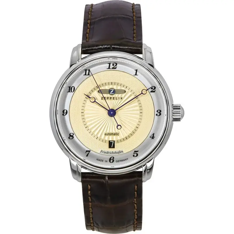 Zeppelin Friedrichshafen Leather Strap Gold Tone Dial Automatic 85565 Men's Watch
