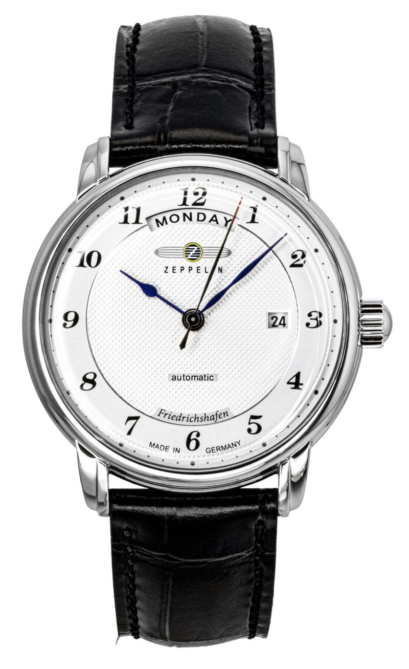 Zeppelin Friedrichshafen Black Leather Strap Silver Dial Automatic 85624 Men's Watch