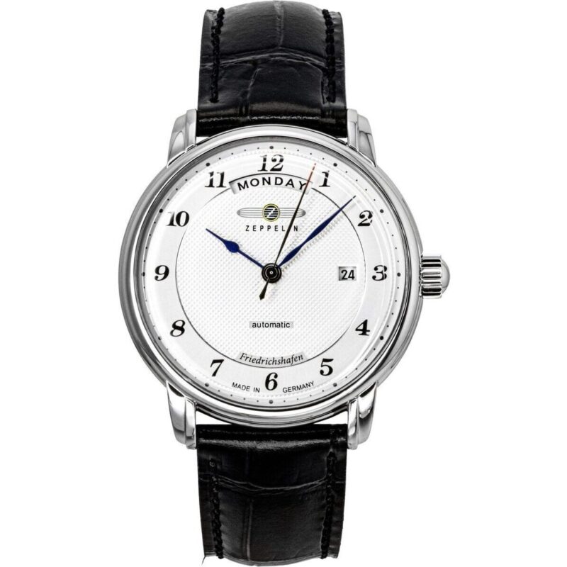 Zeppelin Friedrichshafen Black Leather Strap Silver Dial Automatic 85624 Men's Watch
