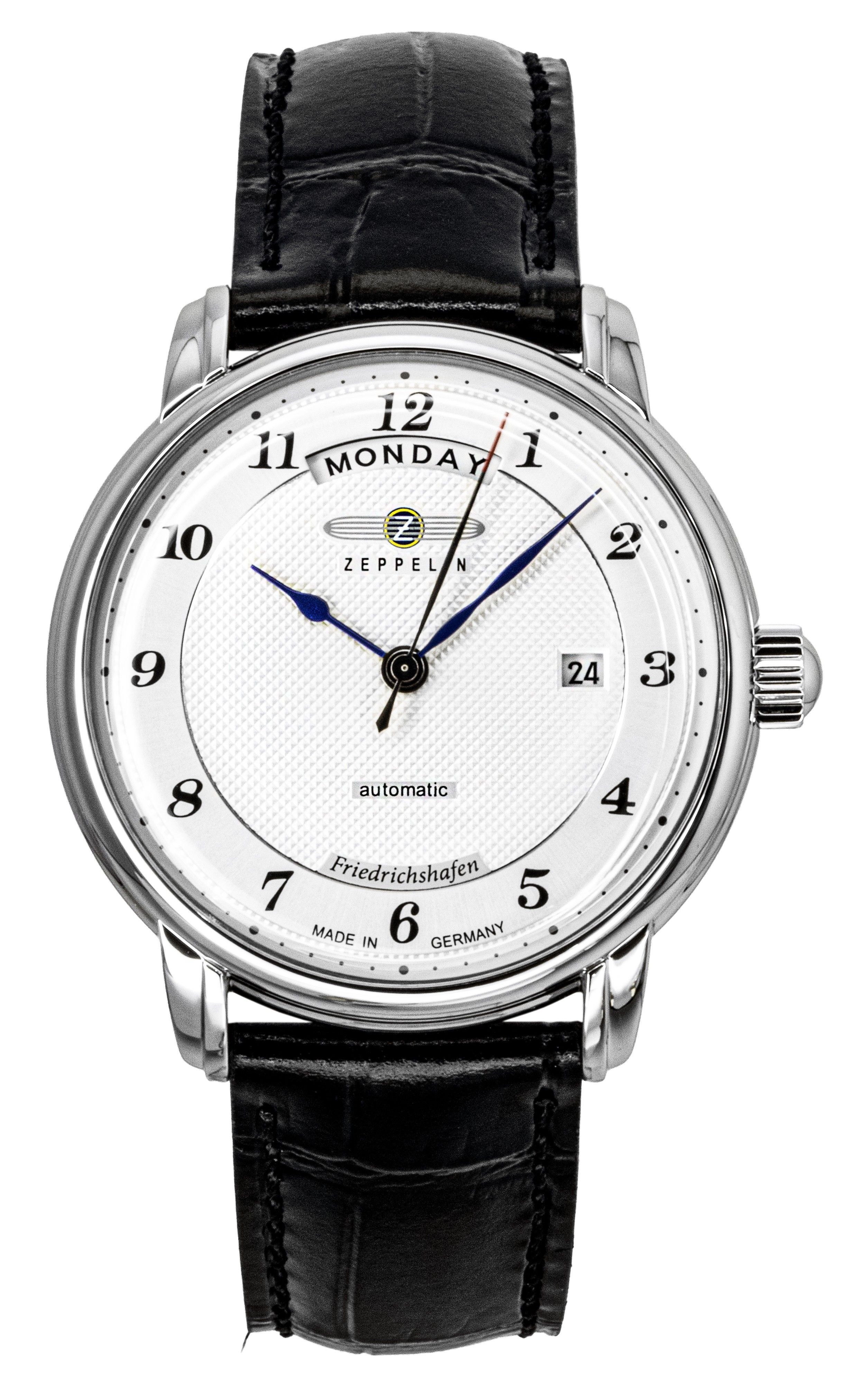 Zeppelin Friedrichshafen Black Leather Strap Silver Dial Automatic 85624 Men's Watch