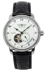 Zeppelin Friedrichshafen Leather Strap Silver Open Heart Dial Automatic 85664 Men's Watch