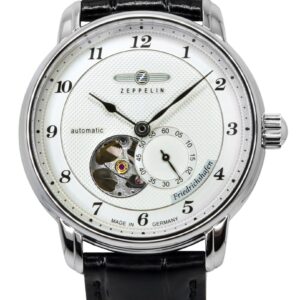 Zeppelin Friedrichshafen Leather Strap Silver Open Heart Dial Automatic 85664 Men's Watch